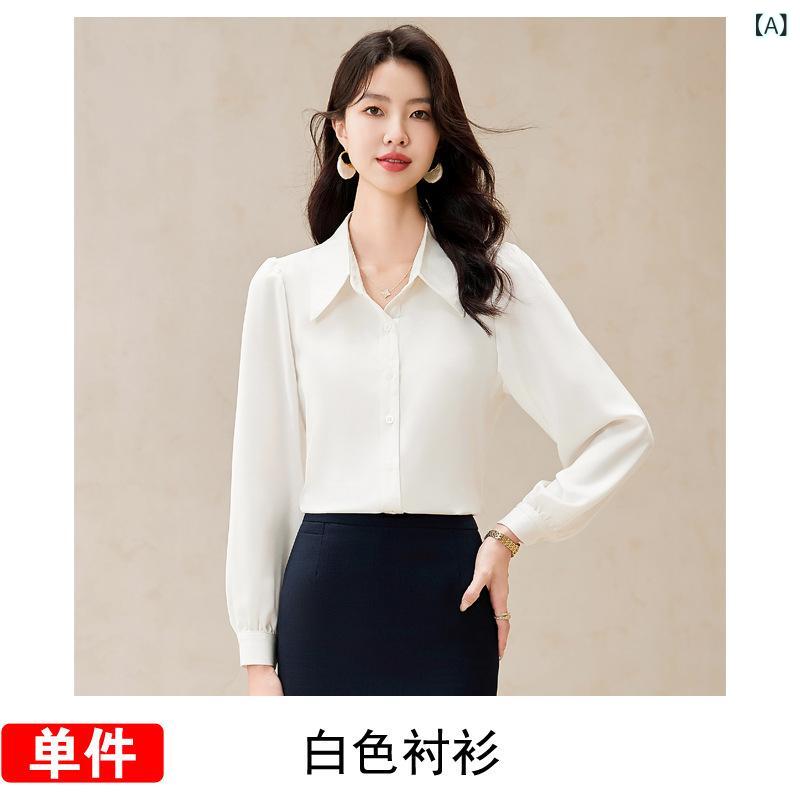 ブラウス レディース 秋冬 シャツ トップス 通勤 事務服 フォーマル 長袖 Vネック シフォン 上品 きれいめ 無地 竹繊維 ポリエステル 伸縮性 白 黒 グレー ボタン シンプル 重ね着 インナー 着痩せ