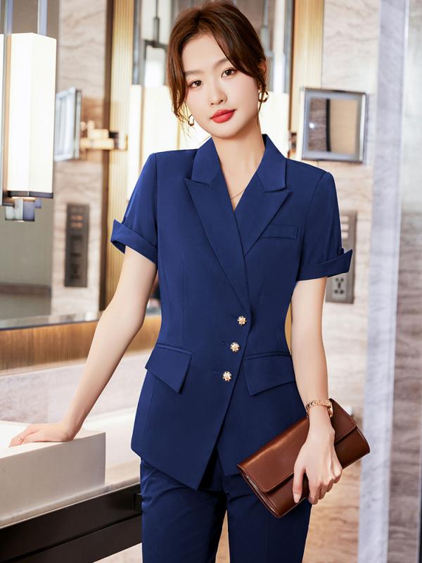 セットアップ レディース 春夏 半袖 スーツ テーラードジャケット パンツ スカート 通勤 オフィス ビジネス 事務服 仕事用 かわいい 高見え 無地 ネイビー ピーコックブルー ブラック ボタン