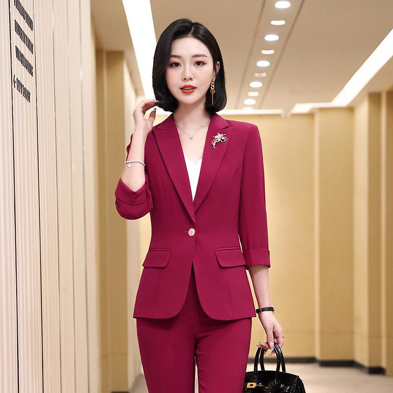 セットアップ レディース スーツ 2点組 七分袖 ジャケット アウター フレアパンツ ベルボトム 事務服 通勤 オフィス 上品 きれいめ 大人 カジュアル 韓国 春夏 無地 レーヨン ブラック アプリコット 湖ブルー