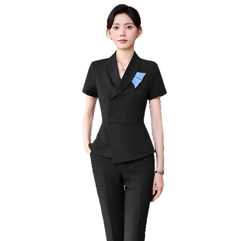 セットアップ レディース 春夏 事務服 ユニフォーム ホテル 接客用 美容院 パンツスーツ スカート 上下 半袖 ポリエステル 洗練 エレガント ブラック ブルー グレー 無地 ビジネス 通勤 大きいサイズ