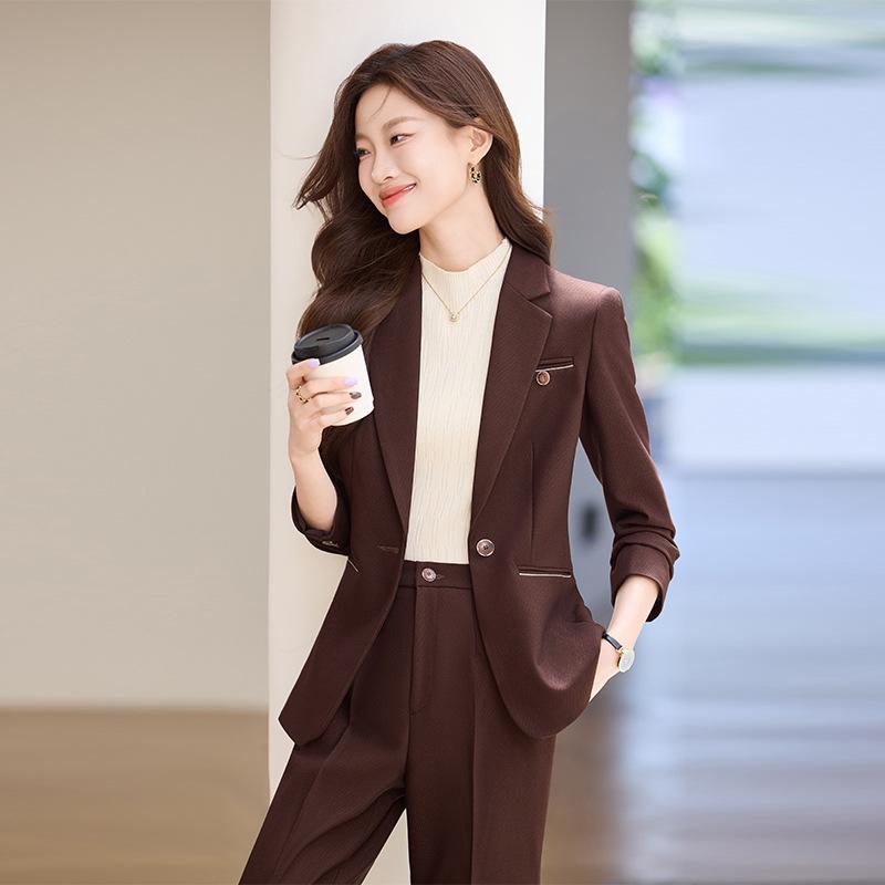 パンツスーツ レディース セットアップ ジャケット 長袖 スラックス ロングパンツ スーツ 事務服 通勤 オフィス 営業 面接 ポリエステル シワになりにくい エレガント きれいめ 秋冬 黒 ブラウン ダークグリーン