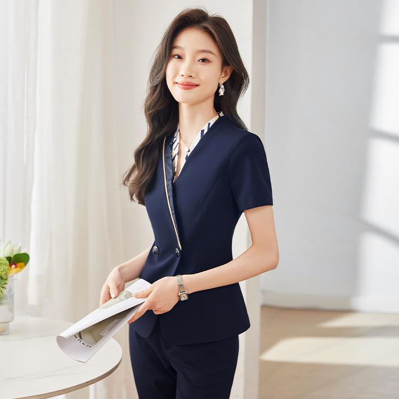 セットアップ レディース スーツ 制服 事務服 受付 ホテル ジュエリーショップ 春夏 半袖 ジャケット スカート パンツ 上品 おしゃれ スリム タイト ビジネス 通勤 清楚 ブラック ブルー ポリエステル