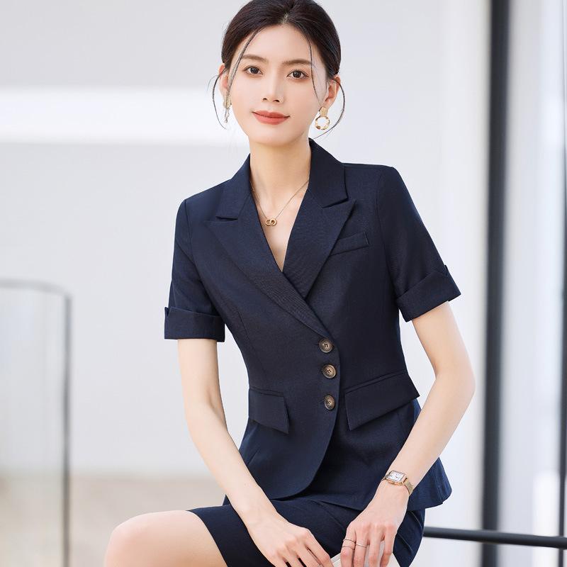 セットアップ レディース スーツ テーラードジャケット 半袖 薄手 春夏 パンツ スカート 事務 制服 オフィス 通勤 受付 フォーマル きれいめ 上品 伸縮性 ポリエステル 無地 カーキ ネイビー