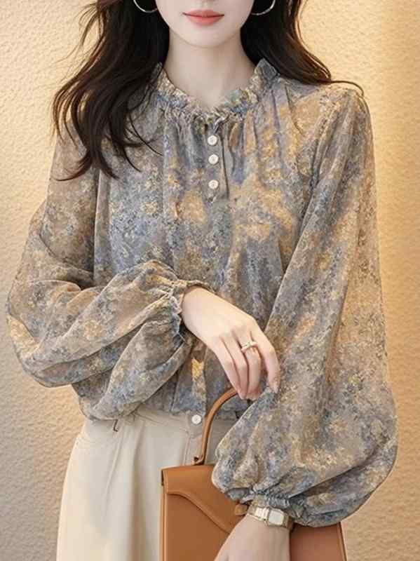 ブラウス レディース 秋冬 長袖 シフォン トップス 花柄 小花柄 フリルカラー プルオーバー 通勤 オフィス お出かけ エレガント 上品 フレンチスタイル きれいめ カジュアル ポリエステル 総柄 華やか 体型カバー
