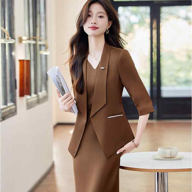 セットアップ レディース スーツ ジャケット 膝丈ワンピース 事務服 礼服 ビジネス 通勤 オフィス パーティー ビスコース 七分袖 きれいめ 上品 エレガント スカーレット コーヒー アプリコット 春秋