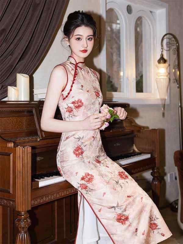 チャイナドレス レディース ピンク 立襟 ノースリーブ ロング丈 中国風 レトロ 气? 通勤 普段着 ポリエステル素材 無地