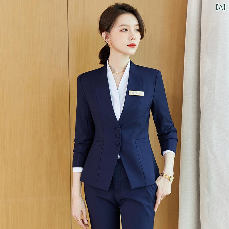 セットアップ メンズ レディース 春秋 スーツ 事務服 制服 接客 長袖 パンツスーツ 上下セット シャツ ジャケット ビジネス フォーマル ストレッチ 伸縮性 ポリエステル ポリウレタン 無地 ブルー グレー