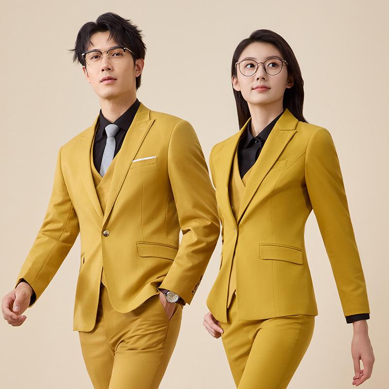 セットアップ メンズ レディース スーツ 3ピース ジャケット ベスト パンツ 事務服 営業 ビジネス スラックス 長袖 春夏 アプリコット ジンジャー カーキ レーヨン ポリウレタン ユニフォーム