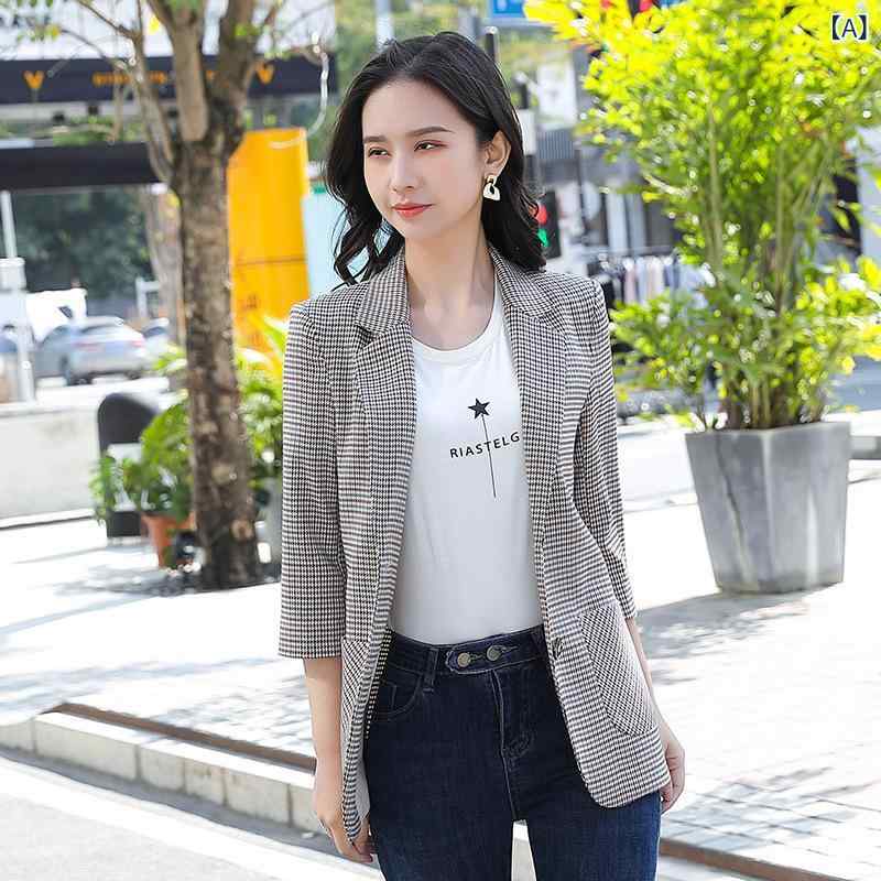 テーラードジャケット レディース 千鳥格子 春夏 韓国ファッション きれいめ カジュアル 英国風 通勤 オフィス 事務服 アウター 上着 羽織り スリム ポケット ボタン ポリエステル ブラック ホワイト イエロー