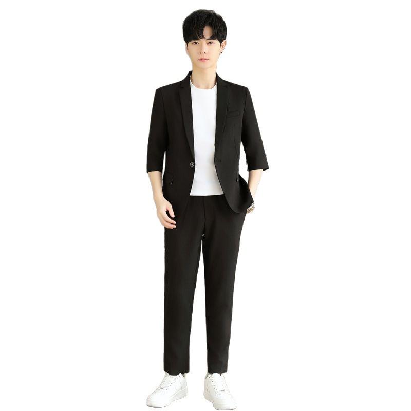 セットアップ メンズ 男性用 春夏 七分袖 テーラードジャケット 九分丈 クロップドパンツ スラックス スリーピース 韓国 きれいめ カジュアル 軽量 ドレープ感 ポリエステル ホワイト ブラック ボタン
