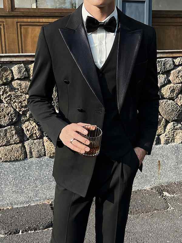 スーツ メンズ セットアップ 三点 ジャケット ベスト スラックス スリム ダブル ボタン ピークドラペル サイドベンツ ビジネス 結婚式 礼服 冠婚葬祭 フォーマル 二十代 紳士服 通勤 オフィス 黒 ブラック ビスコース 秋冬|フロントップ店