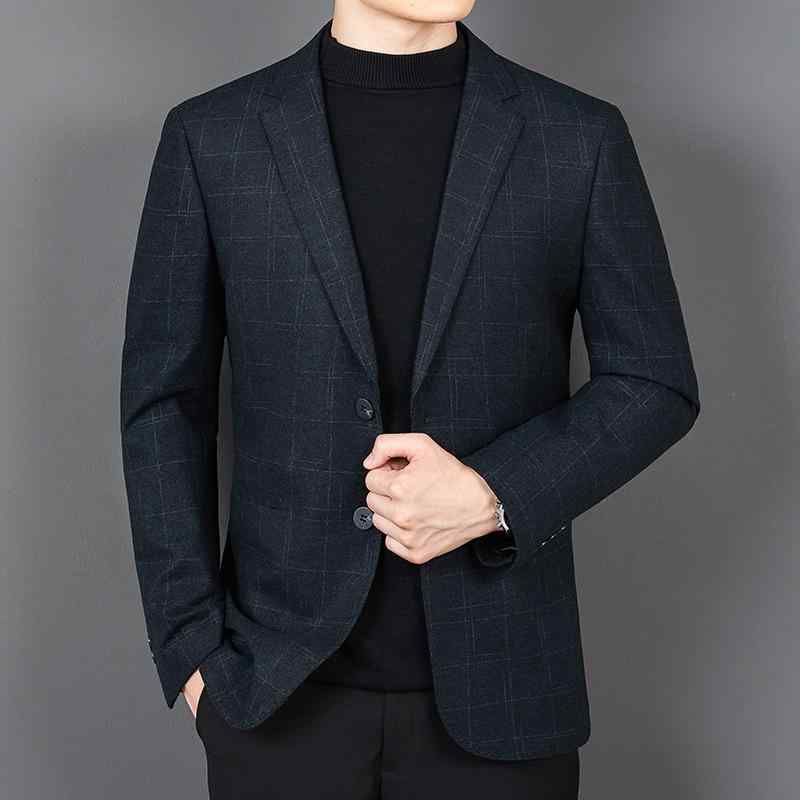 テーラードジャケット メンズ 40代 ウール ウール ブレザー 紳士服 ビジネス カジュアル 秋冬 防シワ 通気性 吸湿 速乾 スリム ボタン ブルー チェック 柄 通勤 アウター 上着 父親