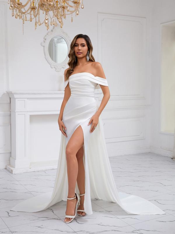 ウェディングドレス レディース 白 ロング丈 パーティー用 結婚式 披露宴 二次会 オフショルダー ビスチェ 背中あき チューブトップ セクシー 高見え エレガント ポリエステル ハイウエスト ビジュー ラインストーン 春夏