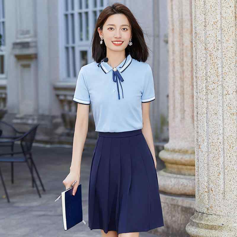 セットアップ レディース 春夏 学院風 ティーシャツ プリーツスカート 上下セット 通勤 制服 オフィス 事務服 綿混 軽量 カジュアル 通学 普段着 ホワイト パープル ブルー グレー ネイビー