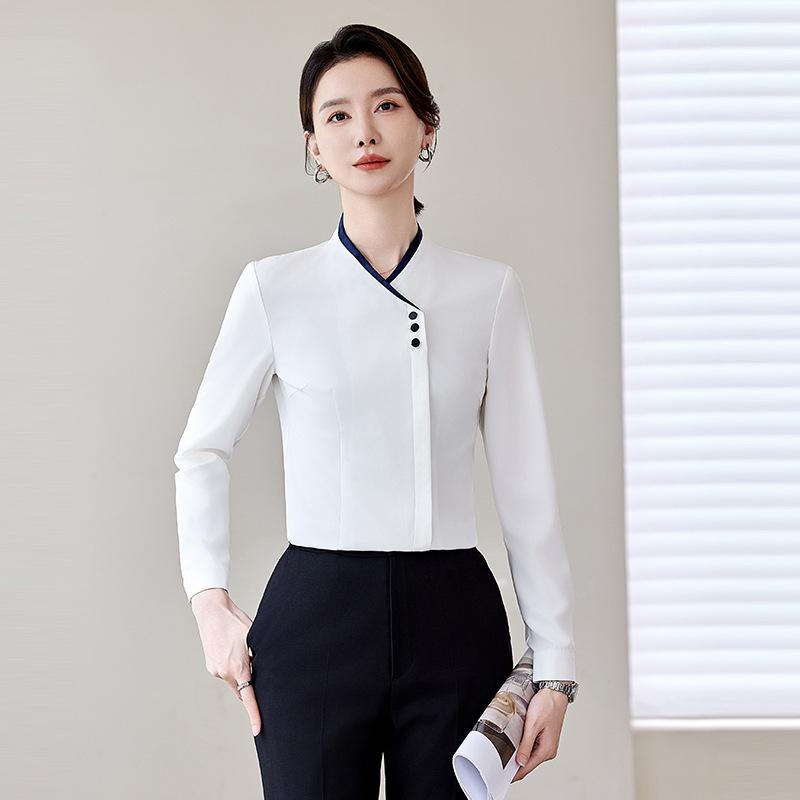 シャツ レディース 長袖 Vネック 事務服 制服 通勤服 トップス オフィス 仕事服 ブラウス 襟 ボタン 無地 シンプル ポリエステル 伸縮性 事務用 営業 接客 冠婚葬祭 清楚 きれいめ ホワイト ブルー