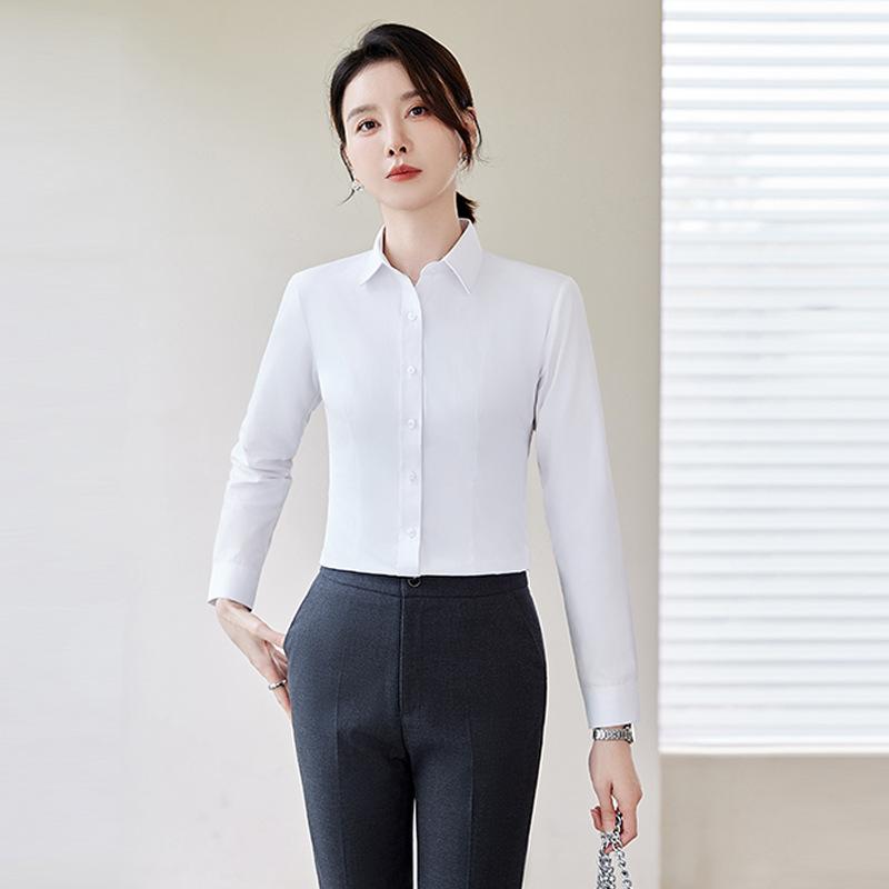シャツ レディース 長袖 ビジネス 通勤 オフィス 事務服 青 白 無地 スキッパー シンプル きれいめ 秋 トップス
