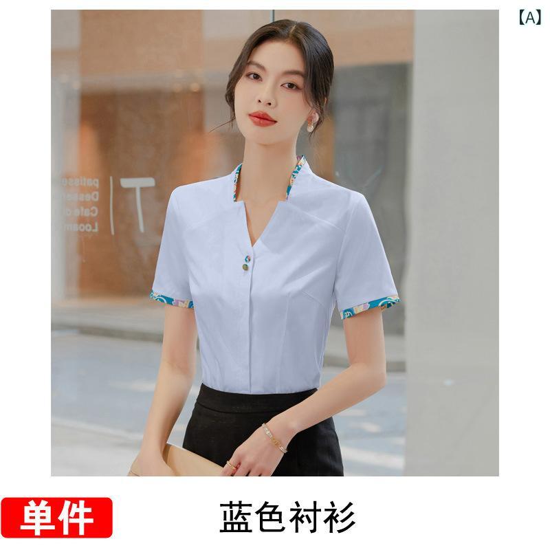 シャツ レディース Vネック 半袖 通勤 トップス ブラウス オフィス 仕事用 事務服 無地 ポリエステル 混紡 オールシーズン
