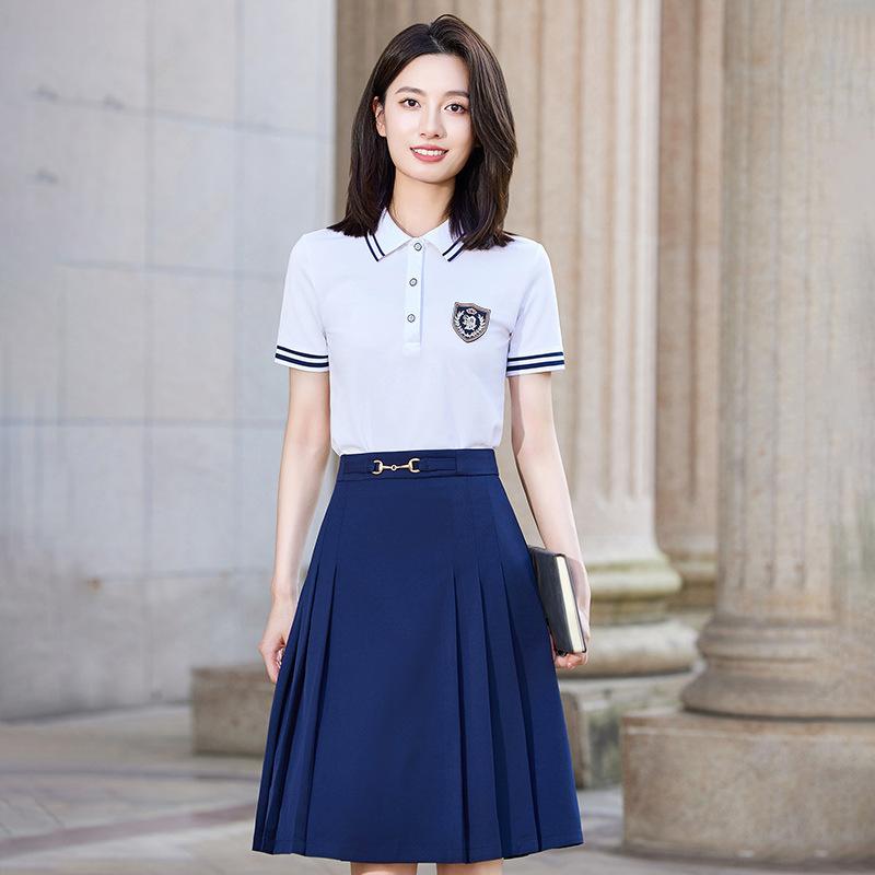 セットアップ レディース 上下セット 半袖 膝丈スカート プリーツスカート 学院風 通勤 オフィス OL 制服 綿混 伸縮性 トップス ボトムス 春夏 ホワイト ピンク ネイビー グレー