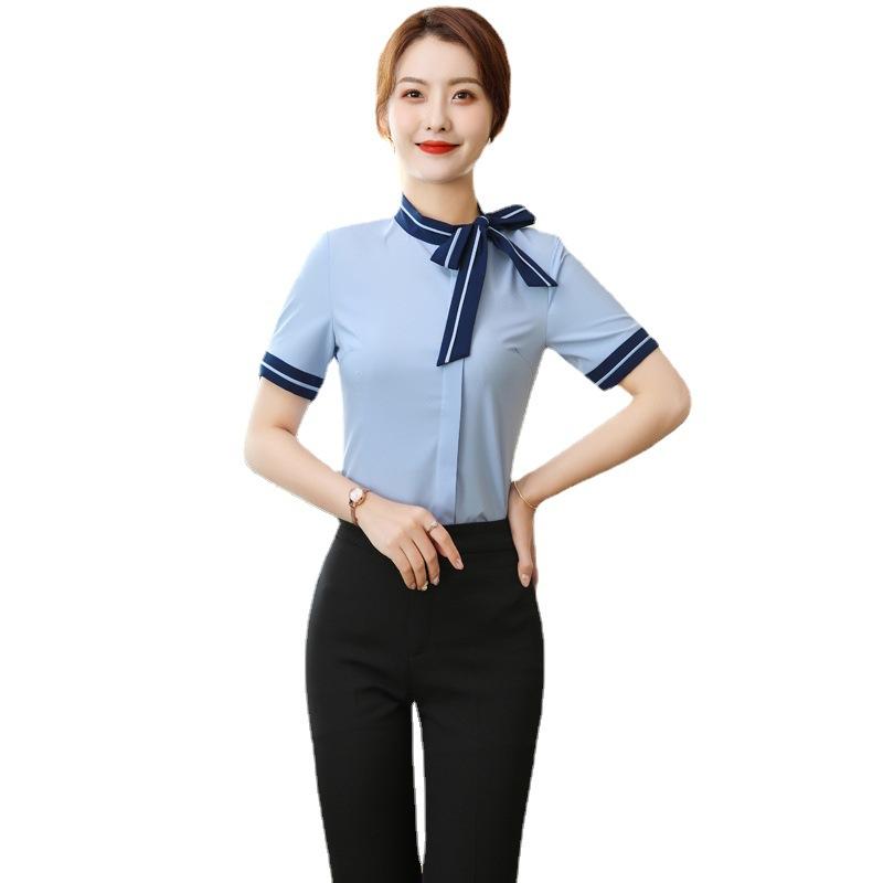 シャツ レディース 半袖 職業服 ユニフォーム 事務服 飲食店 制服 業務 エレガント ポリエステル シンプル 無地 白 青