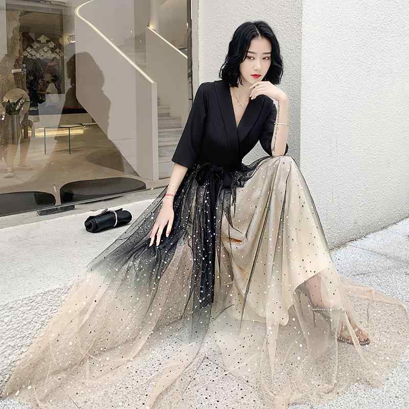 パーティードレス レディース Aライン ロング丈 七分袖 深Vネック 結婚式 披露宴 二次会 きれいめ エレガント ブラック ポリエステル 修身型 春