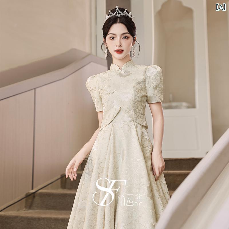 ワンピース レディース ドレス ロング丈 シャンパン Aライン 深Vネック 三分袖 ポリエステル 高貴 華やか 演奏会 発表会 成人式 パーティー｜フロントップ店