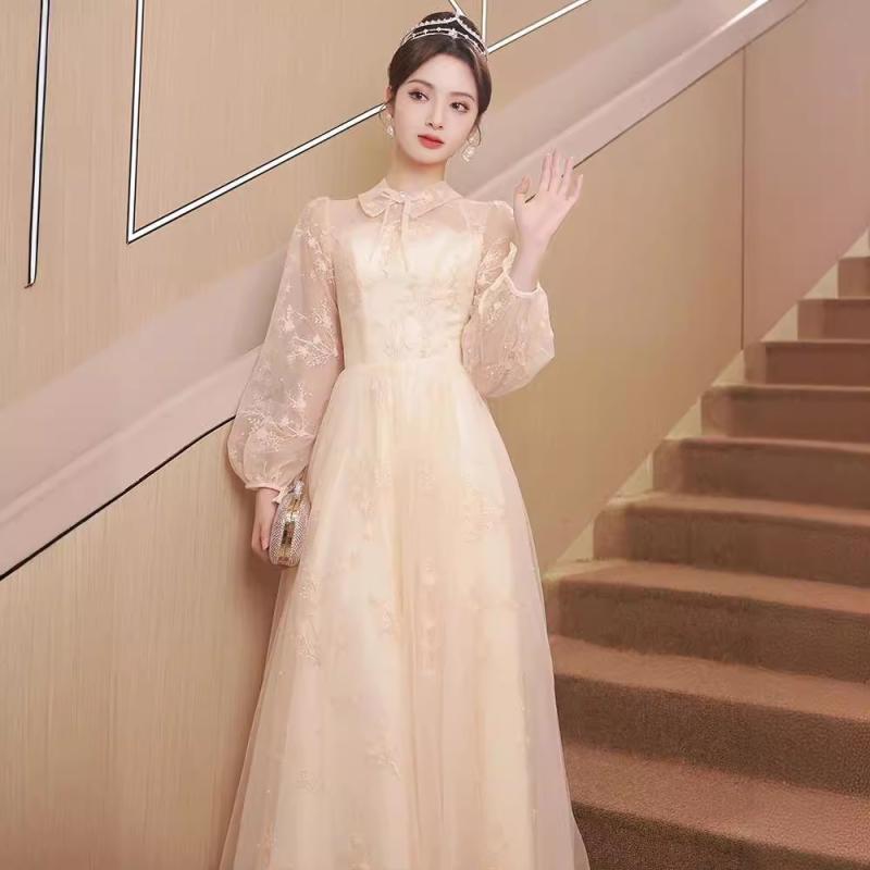 パーティードレス レディース ロング丈 チャイナドレス風 法式 プリンセスライン 長袖 ランタンスリーブ チュール ハイウエスト ロングトレーン 演奏会 結婚式 発表会 シャンパン