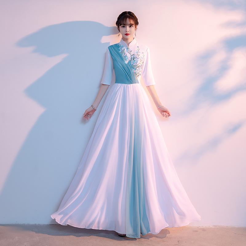 ワンピース レディース ドレス ロング丈 七分袖 Aライン シフォン 舞台衣装 合唱団 演出服 演奏会 発表会 発表会用 パーティー 二次会 結婚式 ゲスト 演奏会用 オケージョン 披露宴 舞台 華やか 軽やか 揺れ感 ファスナー ホ