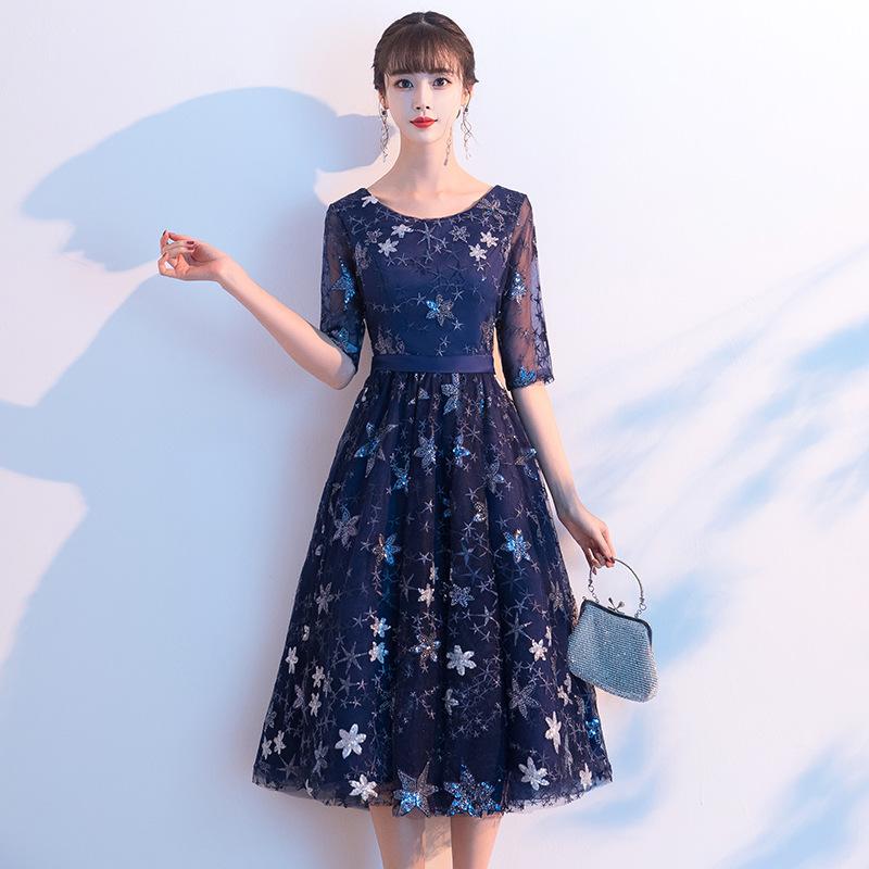 ワンピース レディース 晩餐会 礼服 パーティードレス 膝丈 ミモレ丈 ネイビー Aライン キャミソール 七分袖 ラメ素材 上品 大人かわいい 普段使い