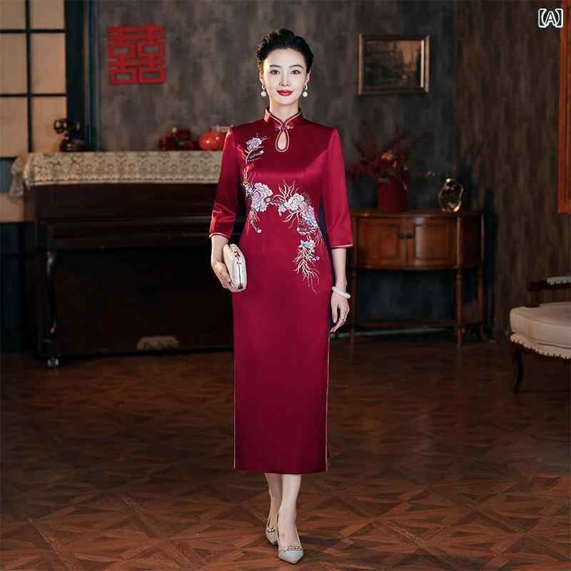 チャイナドレス レディース 長袖 ロング丈 アセテート繊維 刺・墸 立襟 高貴 母親 礼服 結婚式 秋冬 パーティー レトロ風
