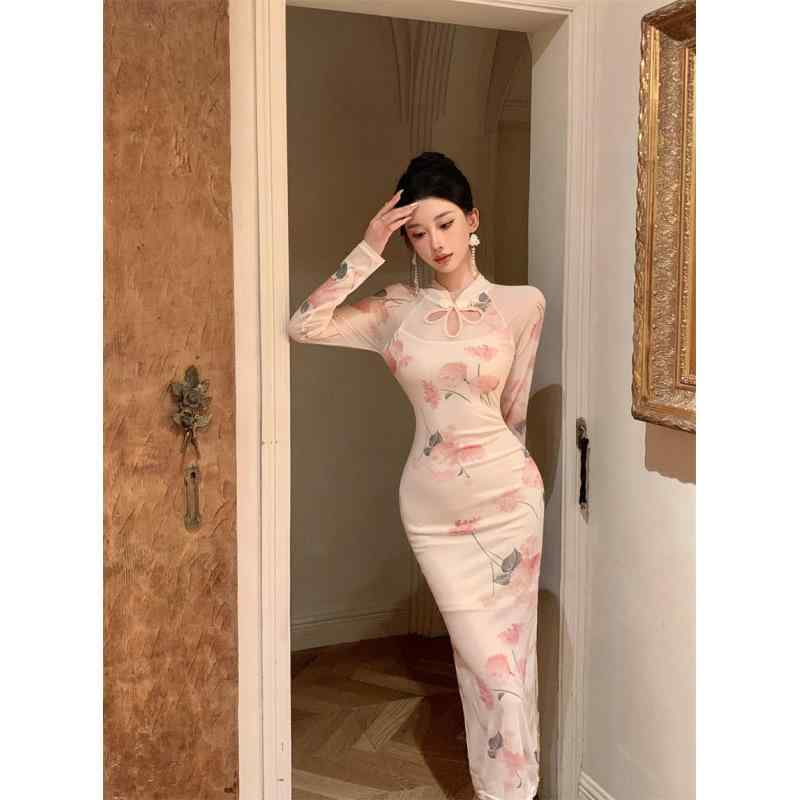 ワンピース レディース チャイナドレス 長袖 ロング丈 ペンシルスカート 立領 杏 印花 エレガント 通勤 オフィス カジュアル 秋冬 4,687円