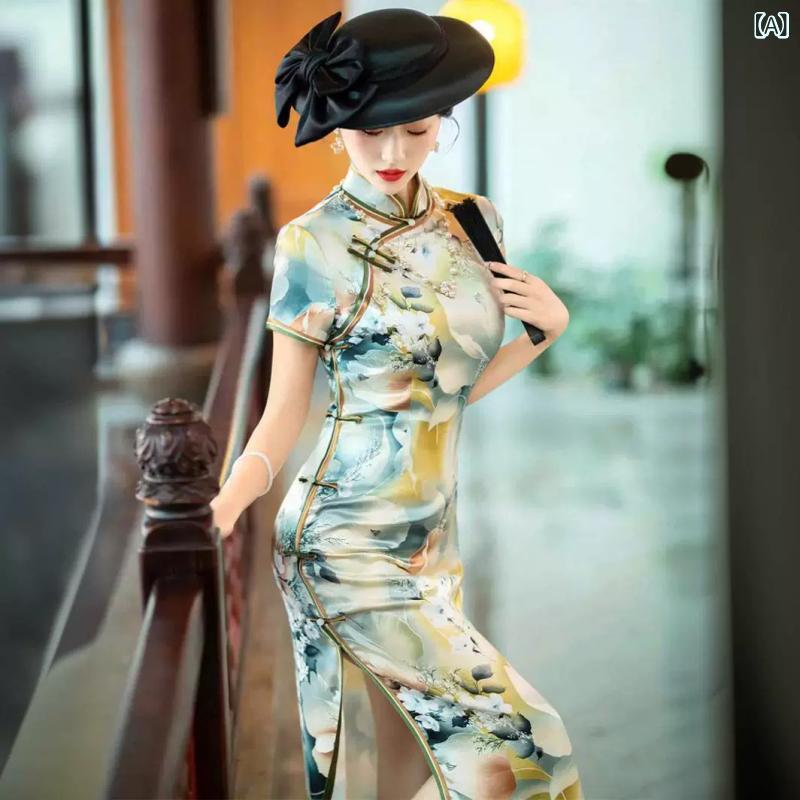 チャイナドレス レディース 長袖 ロング丈 立襟 斜め襟 3D柄 レトロ風 お姉さん風 夏服