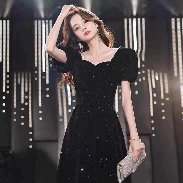 ドレス レディース ロング 黒 Aライン パーティードレス 演奏会 発表会 披露宴 結婚式 二次会 フォーマル ハイウエスト 七分袖 ファスナー 上品 エレガント きれいめ 無地 冠婚葬祭 大人 コンサート 食事会 謝恩会 パーティー