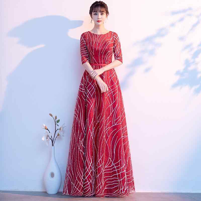 ロングドレス レディース Aライン 五分袖 ハイウエスト 演奏会 発表会 ピアノ 舞台 合唱 司会者 パーティー 発表会ドレス 音楽会 赤 青 シャンパン