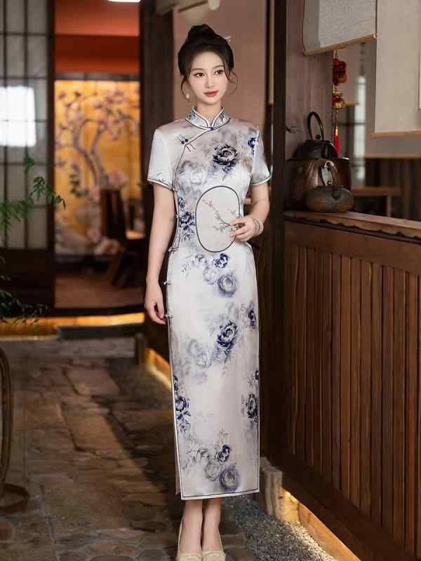 瀬戸もの御召しもの レディース 春夏 ロング丈 名取り草柄 真?  立襟 細長い切口入り口・入口 半袖 か細い 相応う感  窈窕たる 好いたらしいめ お呼ばれ 寄りあい 召しあがる会