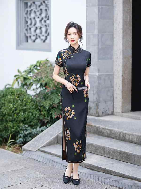 瀬戸ものお召しもの レディース ロング丈 半袖 春夏 レトロ 黒いこと 中国風 立ち襟 曲がった襟 高細長い切口 パイピング処理 ご馳走用 普段使い走り レトロ調 読みもの風 ドレス-レディースファッション