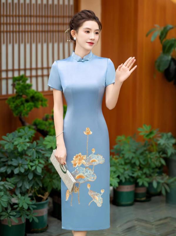 チャイナドレス レディース アセテート繊維 刺・墸 提花 斜襟 三分袖 ミディアム丈 春夏 中国風 国風 優雅 綺麗め 知的 カジュアル 10,251円