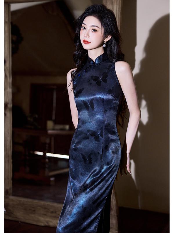チャイナドレス レディース ノースリーブ ロング丈 立襟 斜襟 高開・楷 中国風 文芸 レトロ 上品 幻夏 オールシーズン