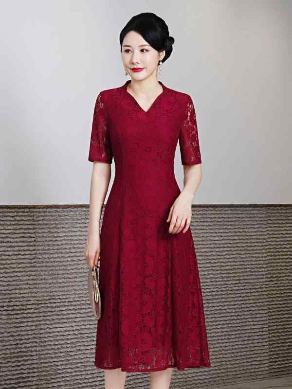 ワンピース レディース レース Aライン ドレス ロング丈 マキシ丈 花柄 ウエストシェイプ 着痩せ 結婚式 披露宴 パーティー 赤