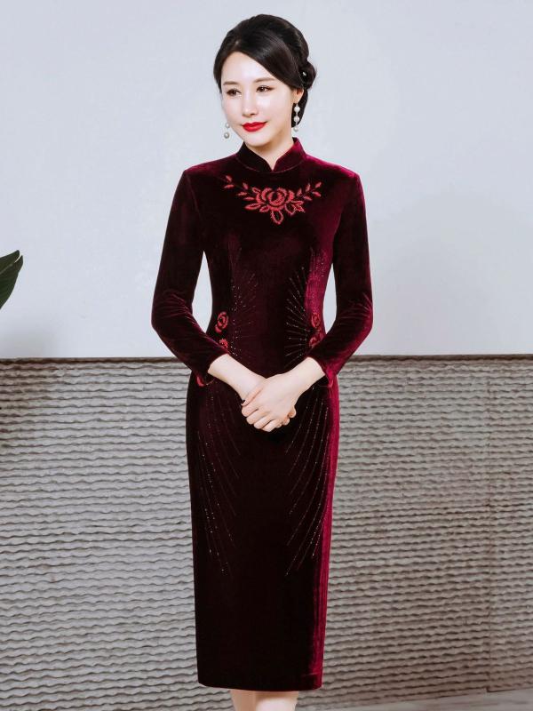 チャイナドレス レディース 長袖 膝丈ワンピース ベロア 花柄 ビジュー 修身 秋冬 母親 結婚式 パーティー 礼服