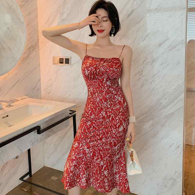ワンピース レディース 春夏 膝丈 キャミワンピ 酒紅 碎花 フレンチ風 スリム タイト ハイウエスト ノースリーブ