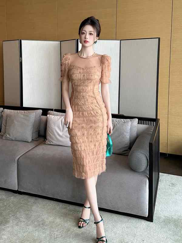 ワンピース レディース 春夏 膝丈 パフスリーブ 半袖 ラウンドネック ハイウエスト ジッパー スリムフィット 網紗 パッド 幻想オレンジ 無地 エレガント パーティー お呼ばれ デート