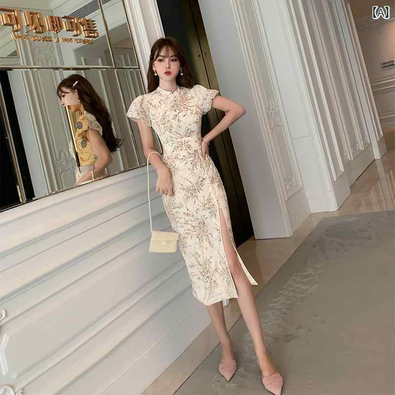 チャイナドレス レディース 春夏 膝丈 ワンピース ラウンドネック 三分袖 高スリット 刺? 杏色 レトロ エレガント 気品 柔らかい 文芸 上品 普段着 お出かけ