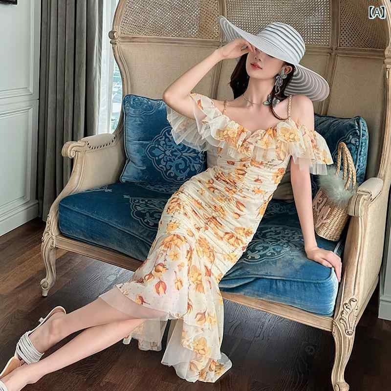 ワンピース レディース 春夏 吊り キャミソール フリル オフショルダー 不規則 フィッシュテール ロング丈 花柄 ギャザー ハイウエスト ジッパー 伸縮性 鮮やか 黄 リゾート デート