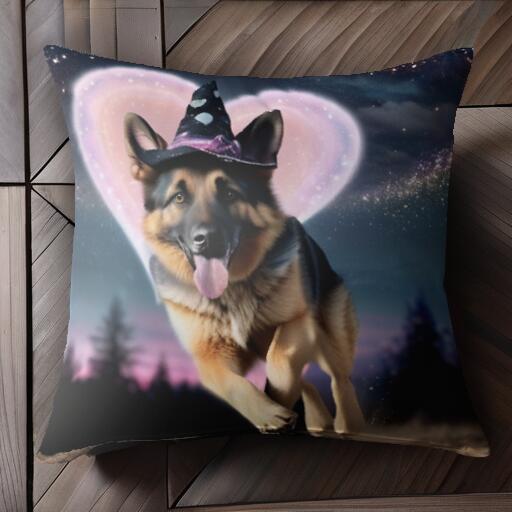 ハート ジャーマンシェパード 星空 魔法使いの帽子 クッションカバー 45×45cm アニマル柄 おしゃれ 可愛い クッション本体付き 正方形