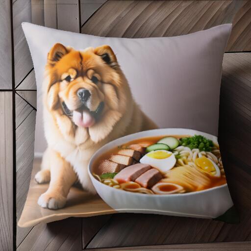 ラーメン チャウチャウ 麺 卵 スープ クッションカバー 45×45cm アニマル柄 おしゃれ 可愛い クッション本体付き 正方形