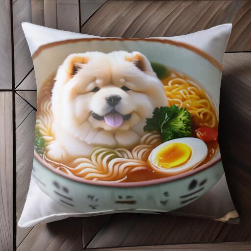 ラーメン チャウチャウ 卵 ブロッコリー トマト クッションカバー 45×45cm アニマル柄 おしゃれ 可愛い クッション本体付き 正方形