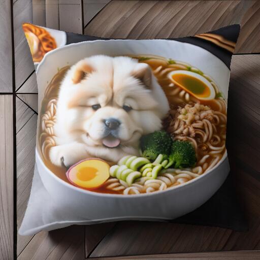 ラーメン チャウチャウ 卵 ブロッコリー 麺 クッションカバー 45×45cm アニマル柄 おしゃれ 可愛い クッション本体付き 正方形