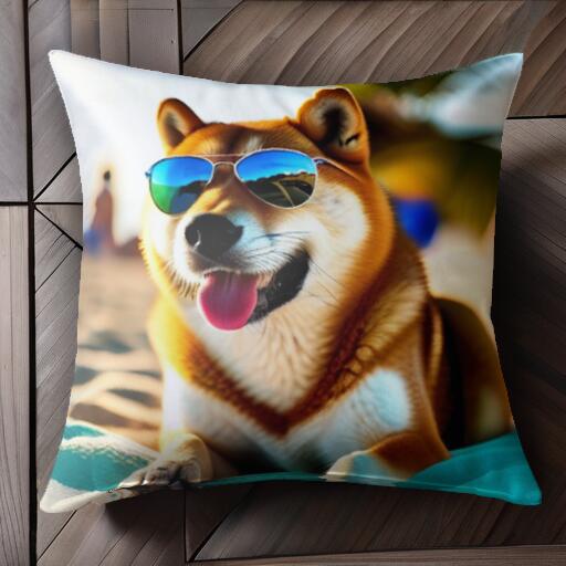 サングラス 柴犬 ビーチ クッションカバー 45×45cm アニマル柄 おしゃれ 可愛い クッション本体付き 正方形