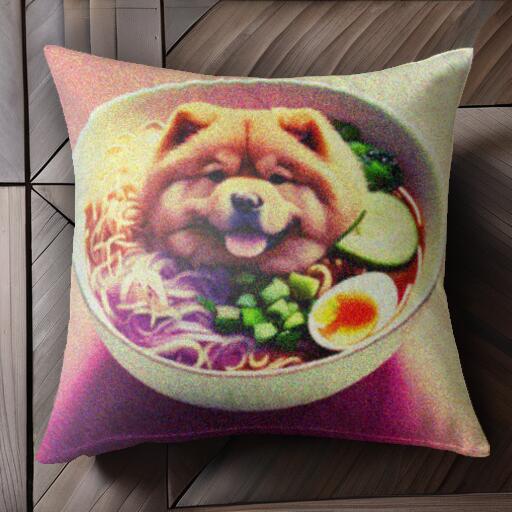 ラーメン チャウチャウ 卵 キュウリ 海苔 クッションカバー 45×45cm アニマル柄 おしゃれ 可愛い クッション本体付き 正方形
