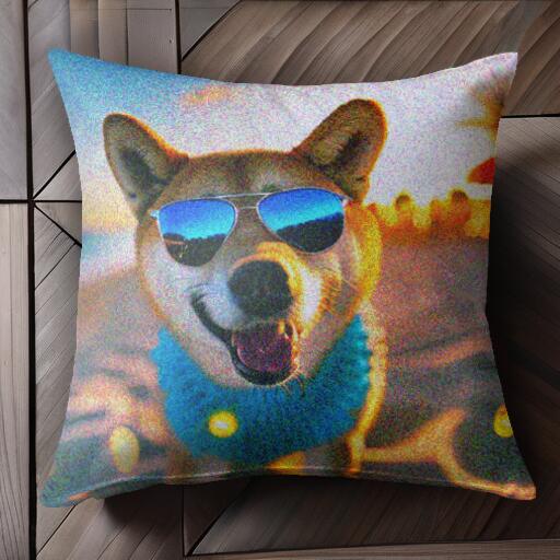 サングラス 柴犬 ビーチ 夕焼け クッションカバー 45×45cm アニマル柄 おしゃれ 可愛い クッション本体付き 正方形